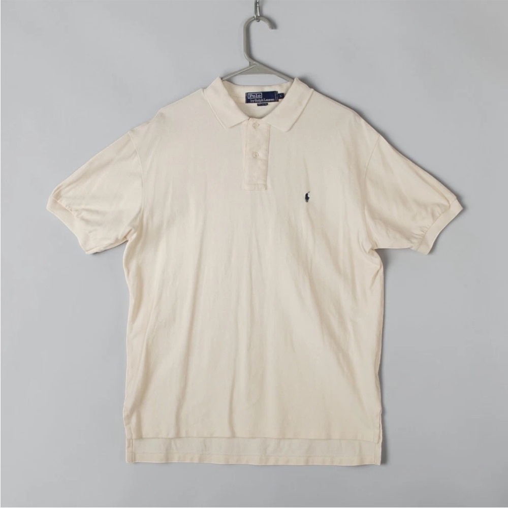 Vintage Polo Ralph Lauren Short Sleeve Polo Shirt Mens Size L Ivory Blue Pony
